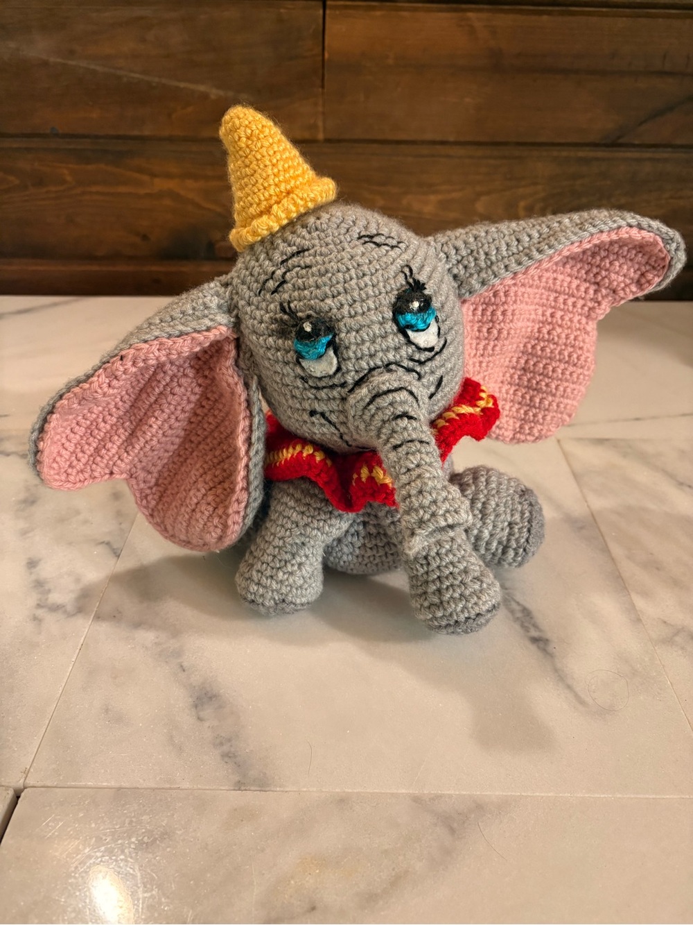 Hand-Crocheted Dumbo Elephant Plush with Pink Ears & Yellow Hat